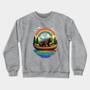 Wild Grizzly Bear in a Canoe with Rainbow Lake Mountains Funny Crewneck Sweatshirt